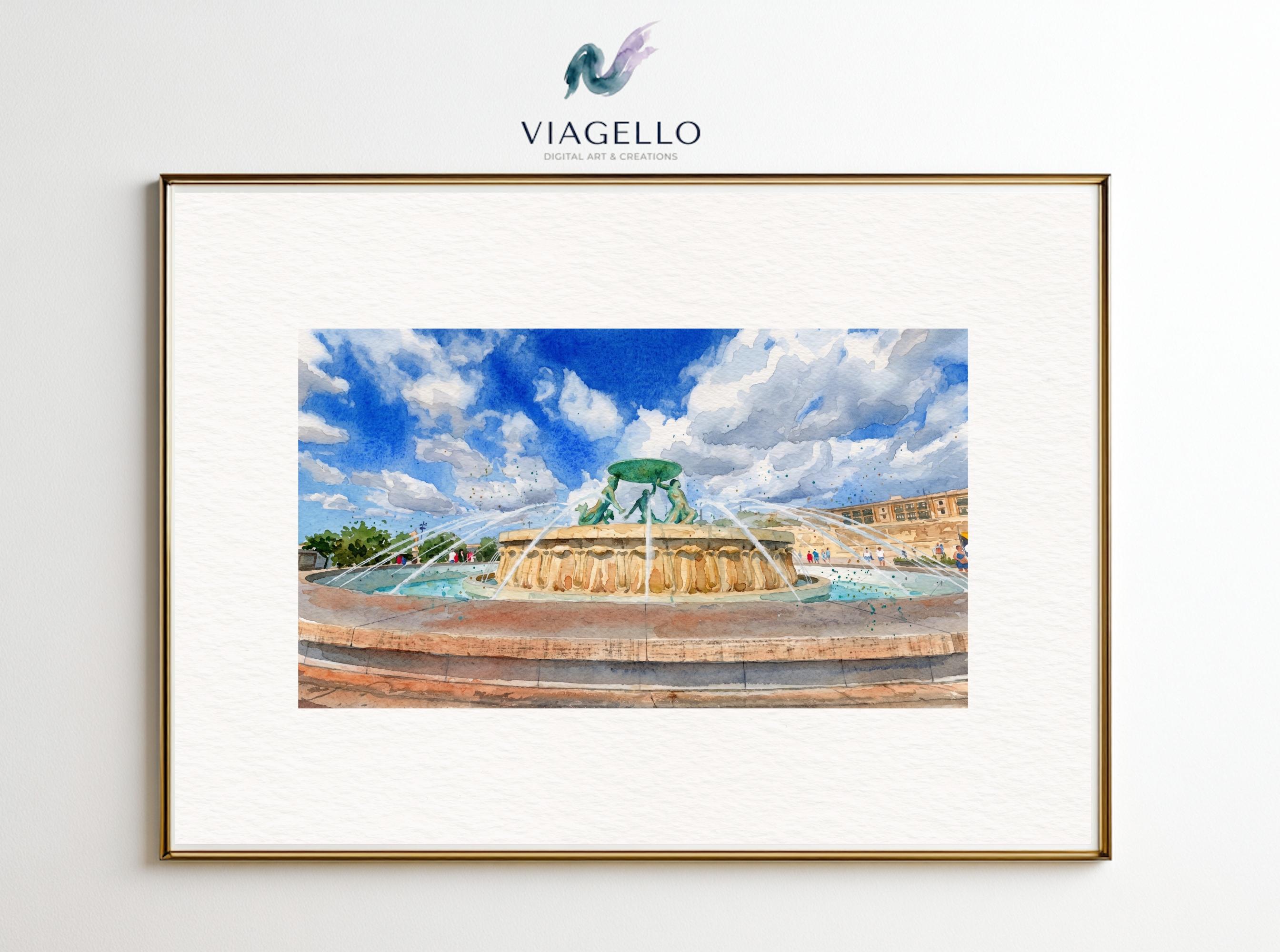 Fountain in Sunlit Plaza | Watercolor Effect | Scenic Art | Digital Download 