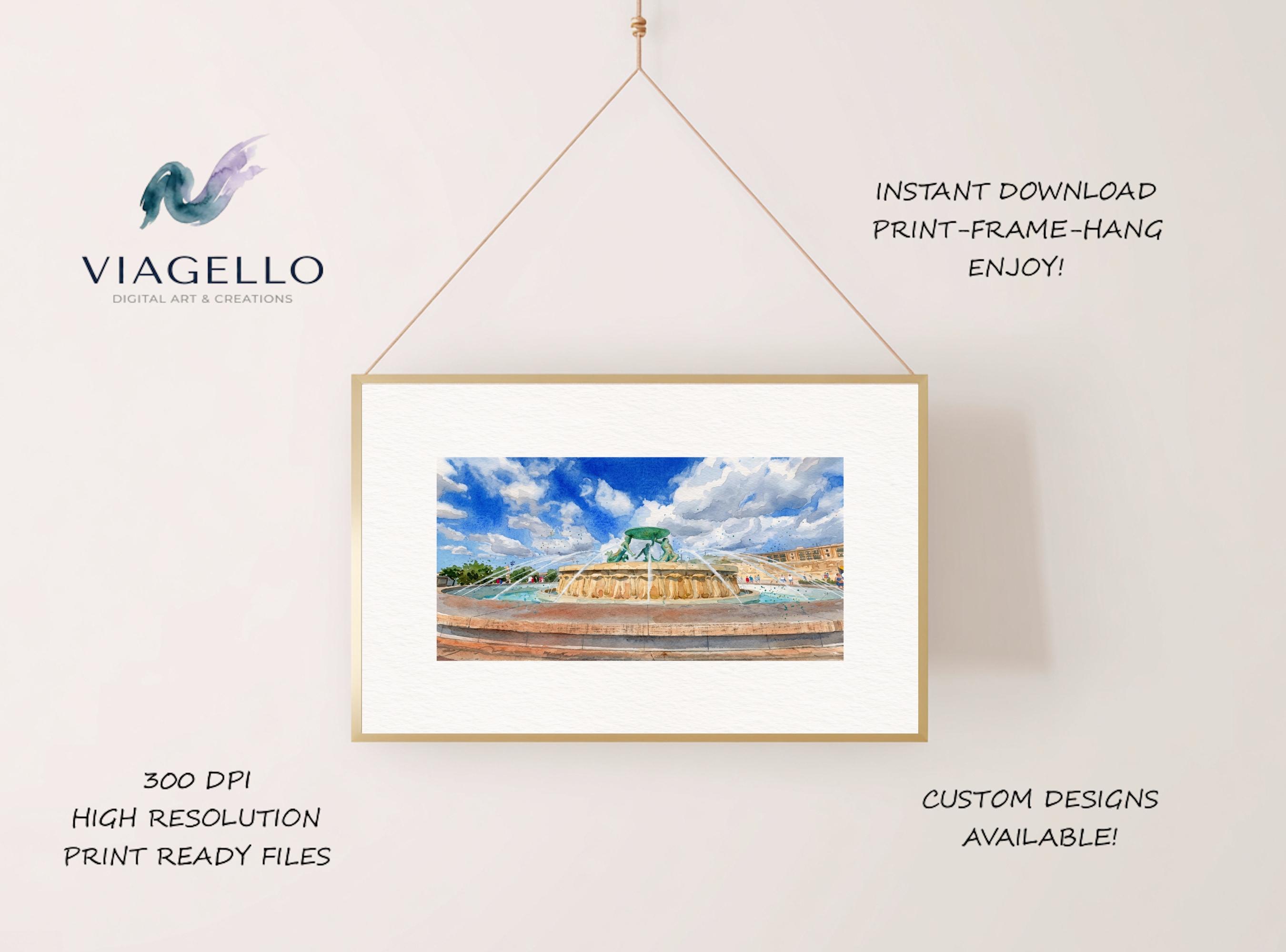Fountain in Sunlit Plaza | Watercolor Effect | Scenic Art | Digital Download - Image 2