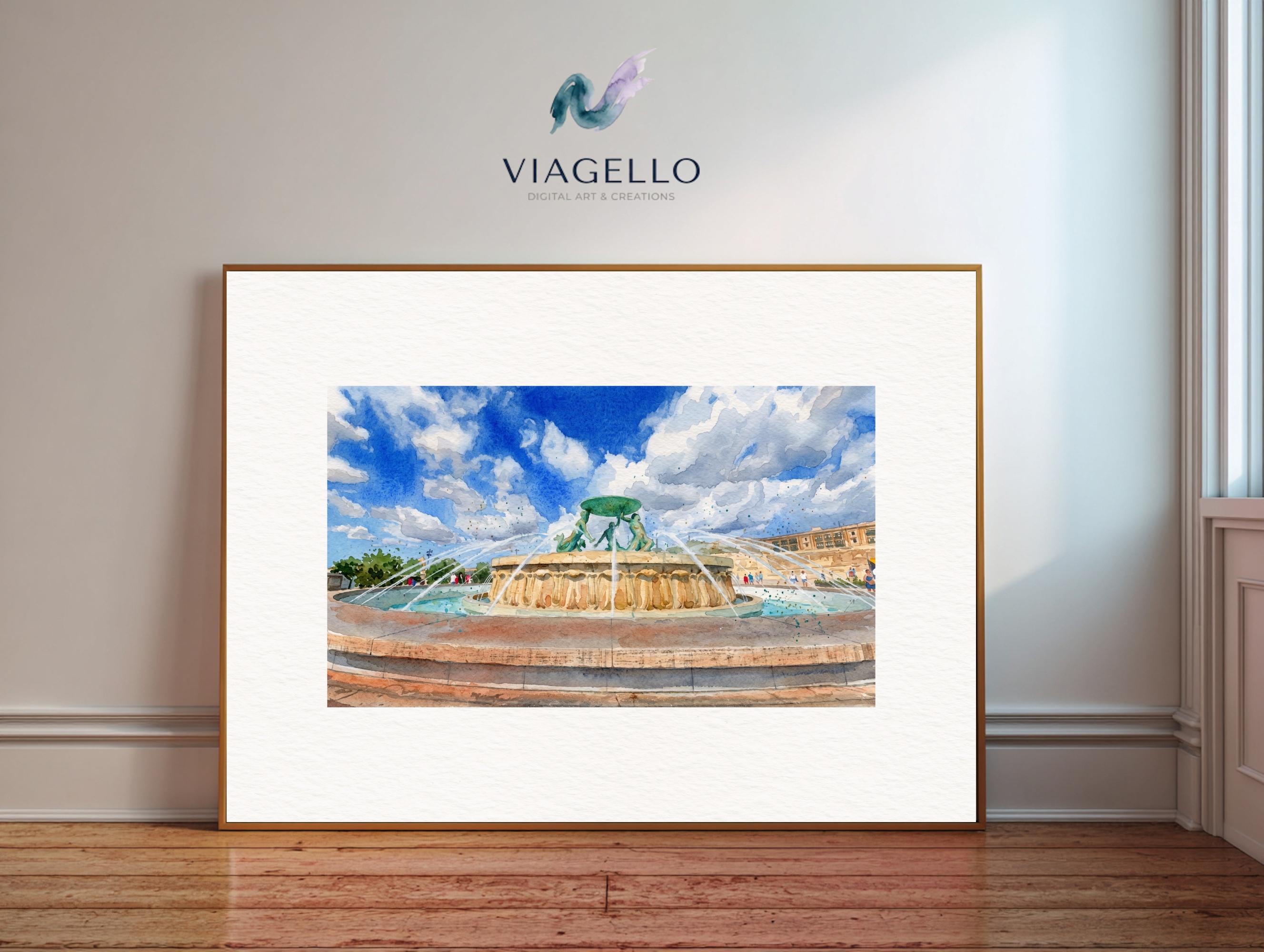 Fountain in Sunlit Plaza | Watercolor Effect | Scenic Art | Digital Download - Image 3