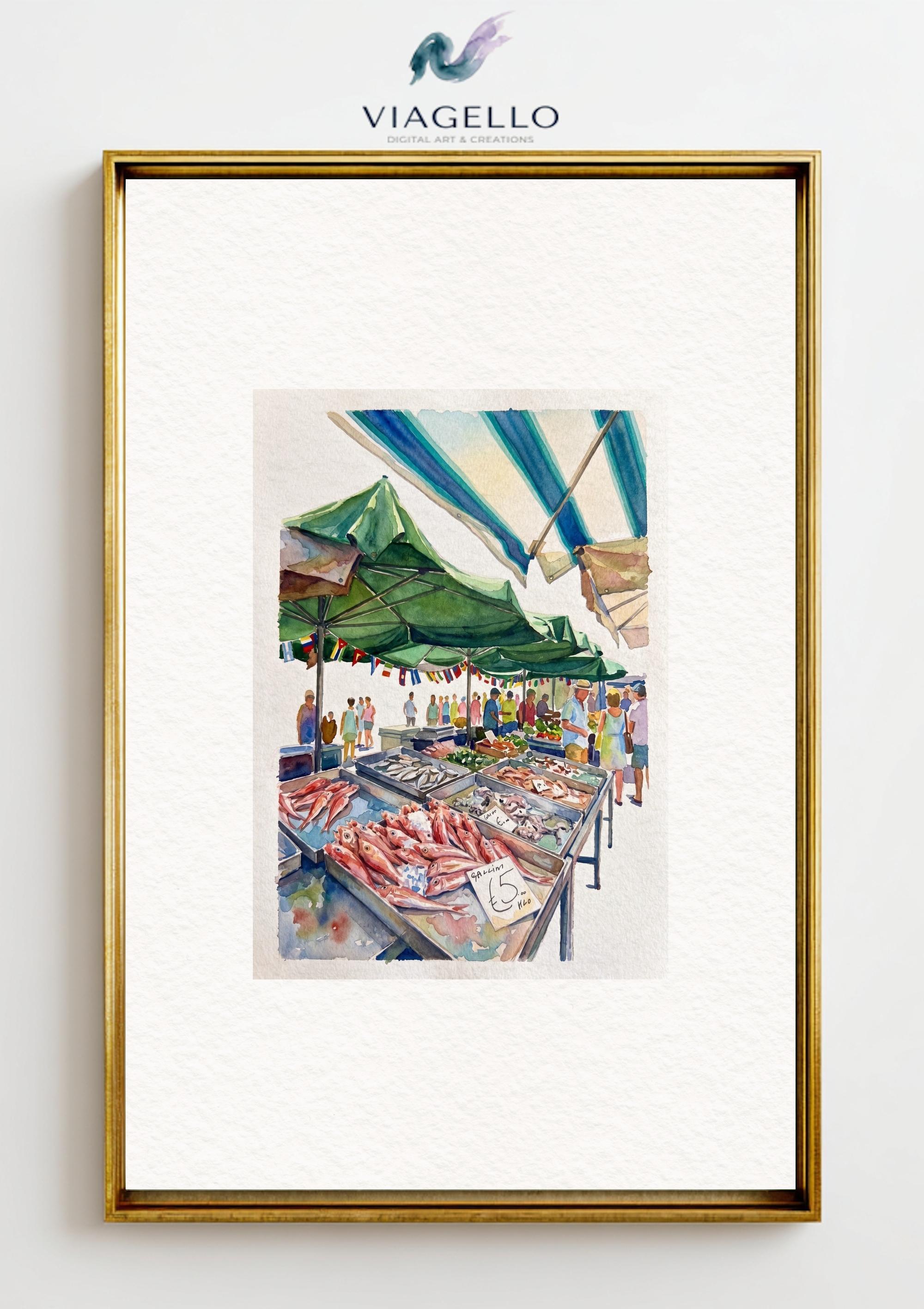 Vibrant Fish Market Painting | Lively Outdoor Scene, Impressionistic Art Print (Digital Download)