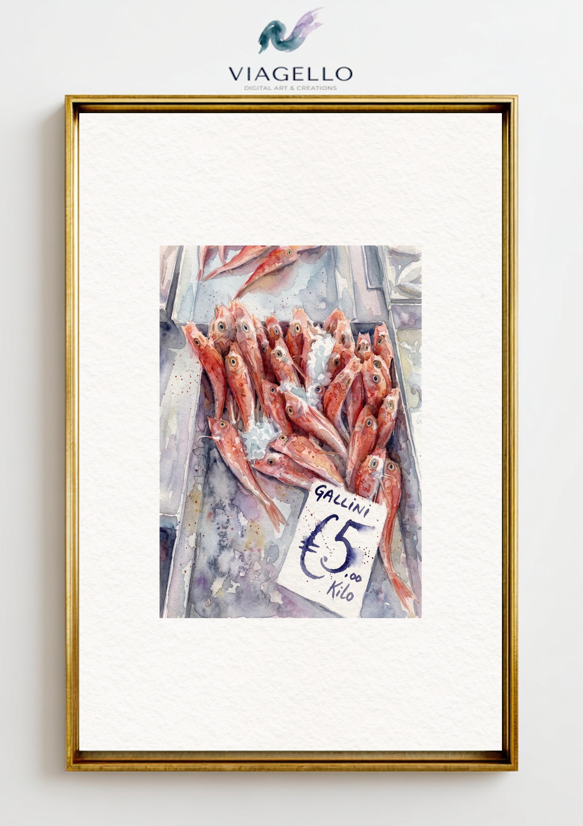 Pink Fish Market Painting | Lively Pastel Watercolor Art (Digital Download)