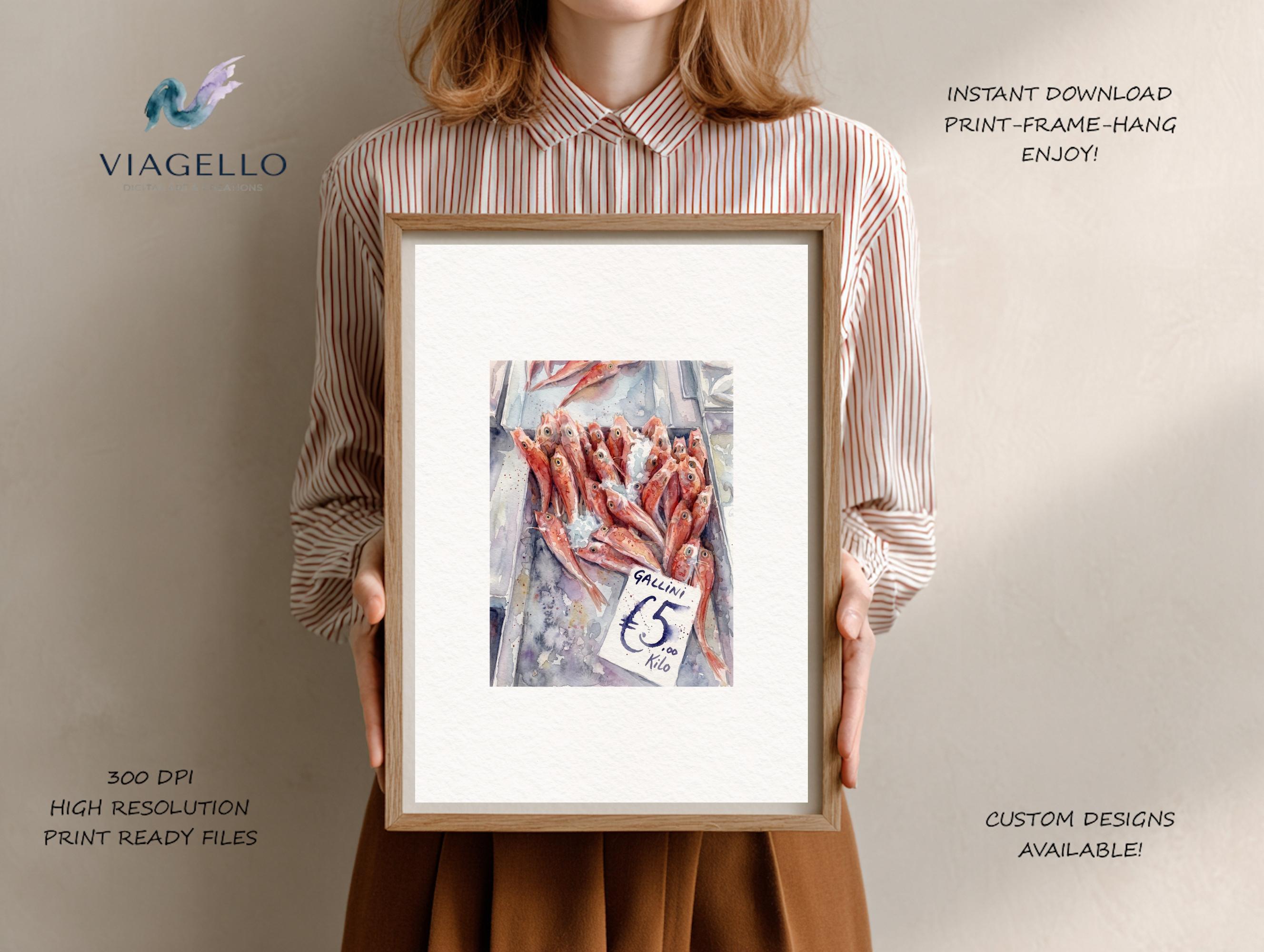 Pink Fish Market Painting | Lively Pastel Watercolor Art (Digital Download) - Image 2