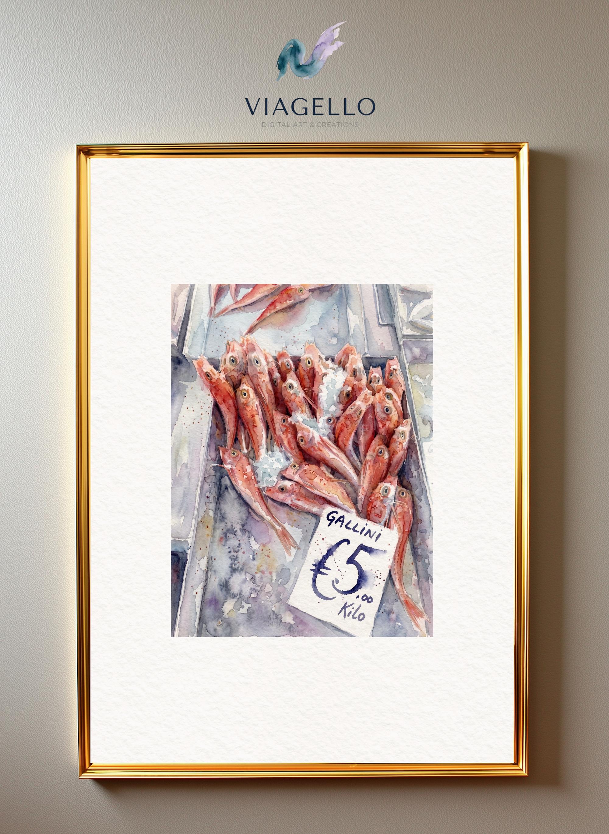 Pink Fish Market Painting | Lively Pastel Watercolor Art (Digital Download) - Image 3