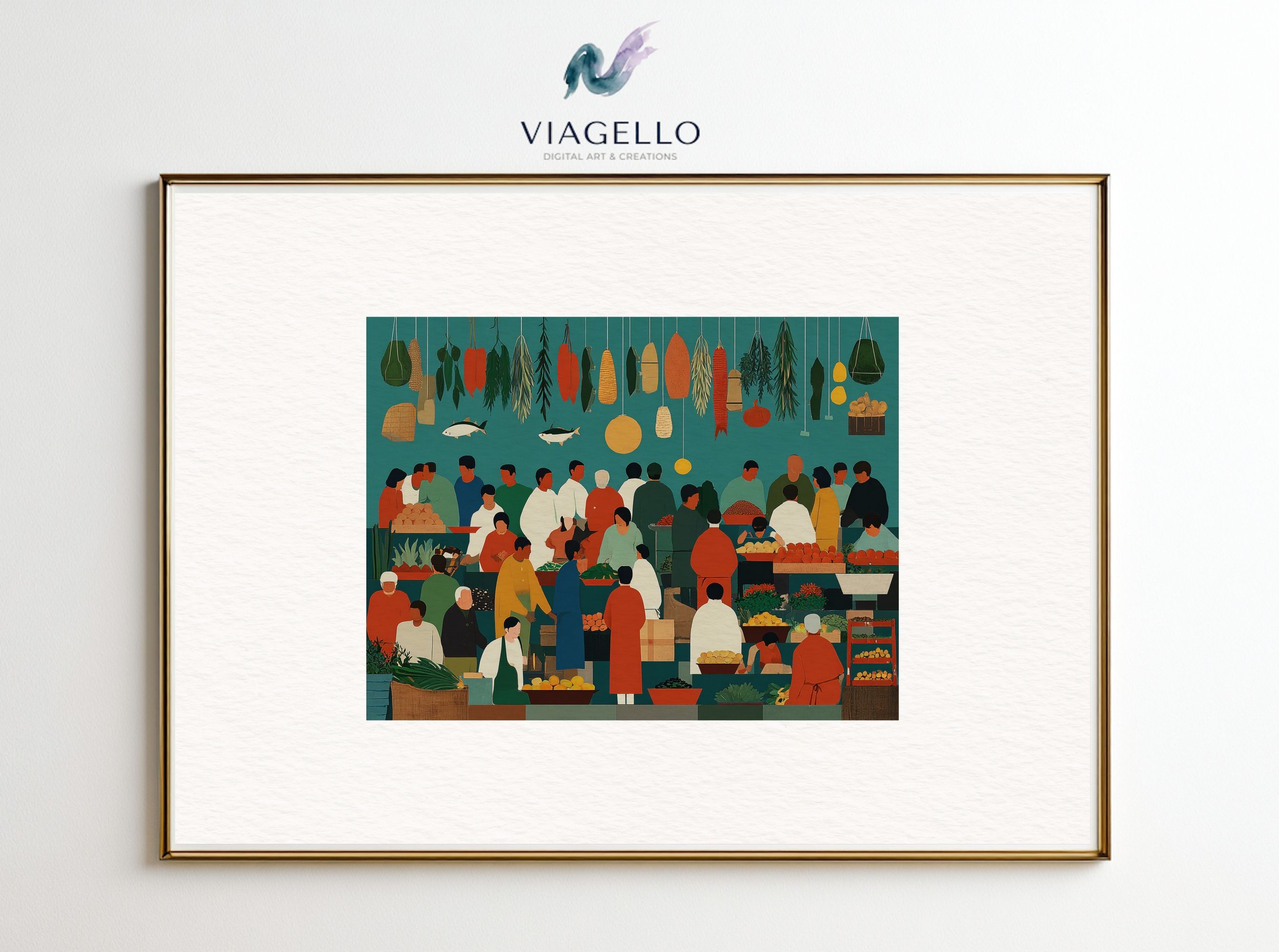 Vibrant Market Scene | Colorful People Gathering | Exotic Produce Display | Digital Download