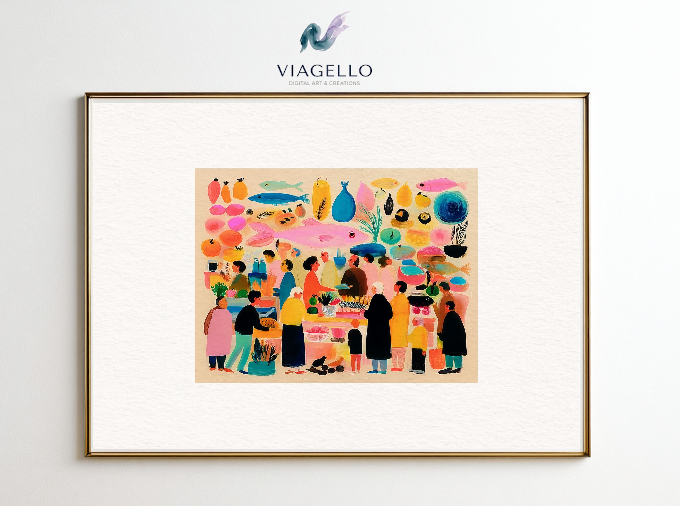 Fish Vibrant Market Scene | Bold Colors | Contemporary Art Print | Digital Download