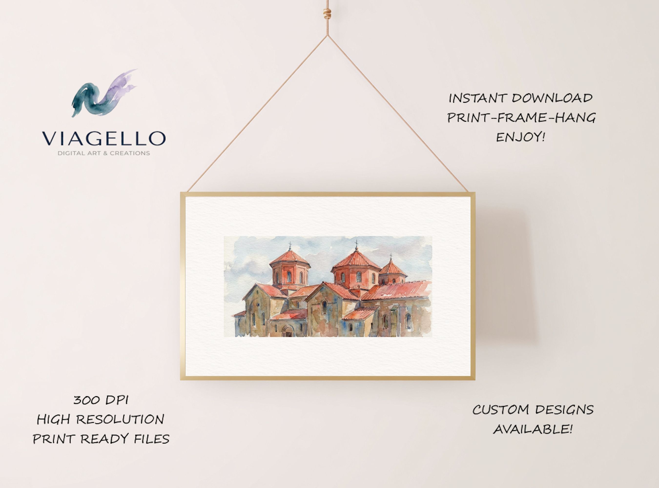 Terracotta Cupolas Watercolor | Old World Architecture | Historic Monastery Wall Art | Digital Download - Image 2