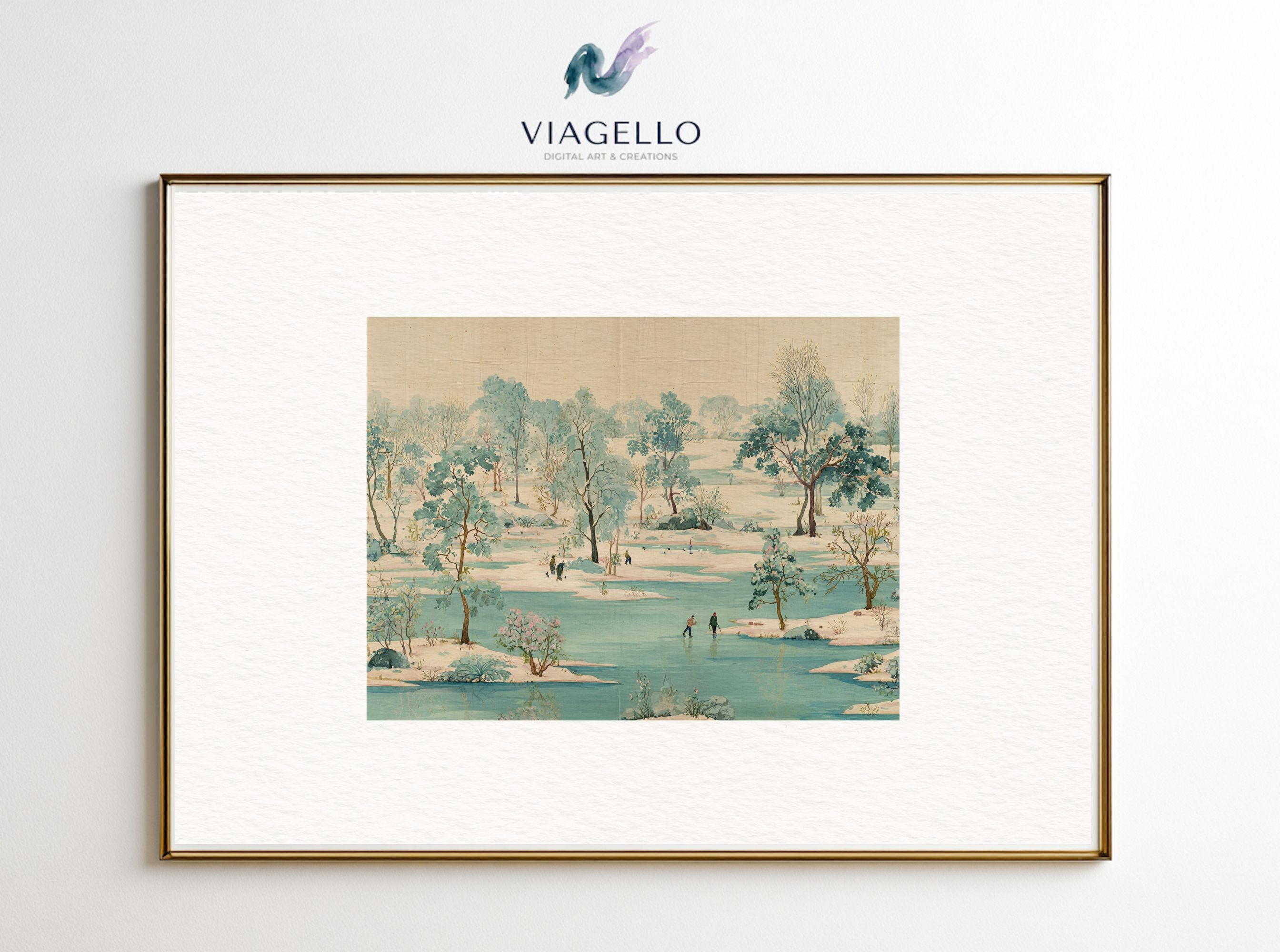 Winter Fun on Frozen Lake | Ice Skating in Nature | Vintage Style Art | Digital Download