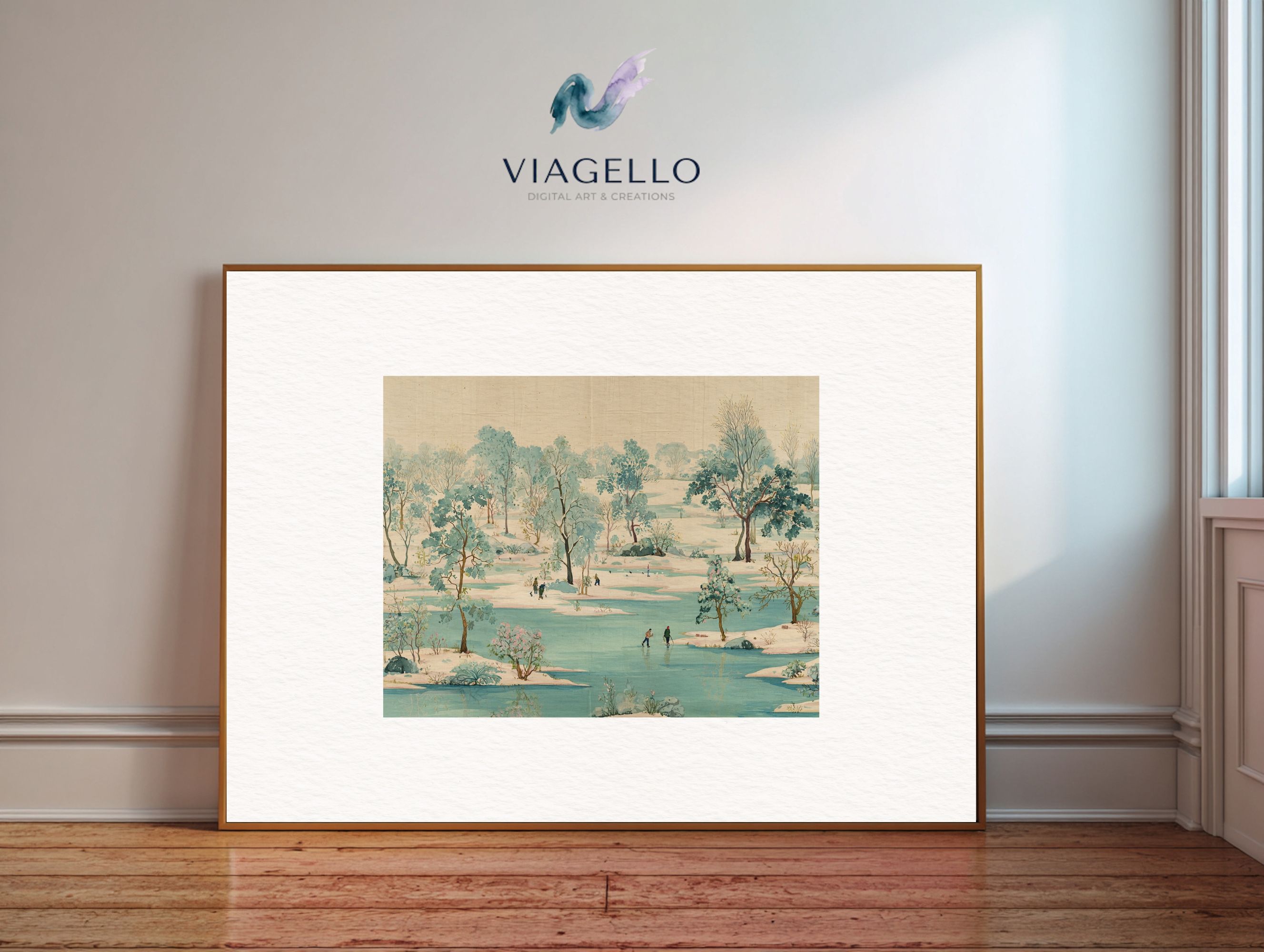 Winter Fun on Frozen Lake | Ice Skating in Nature | Vintage Style Art | Digital Download - Image 3